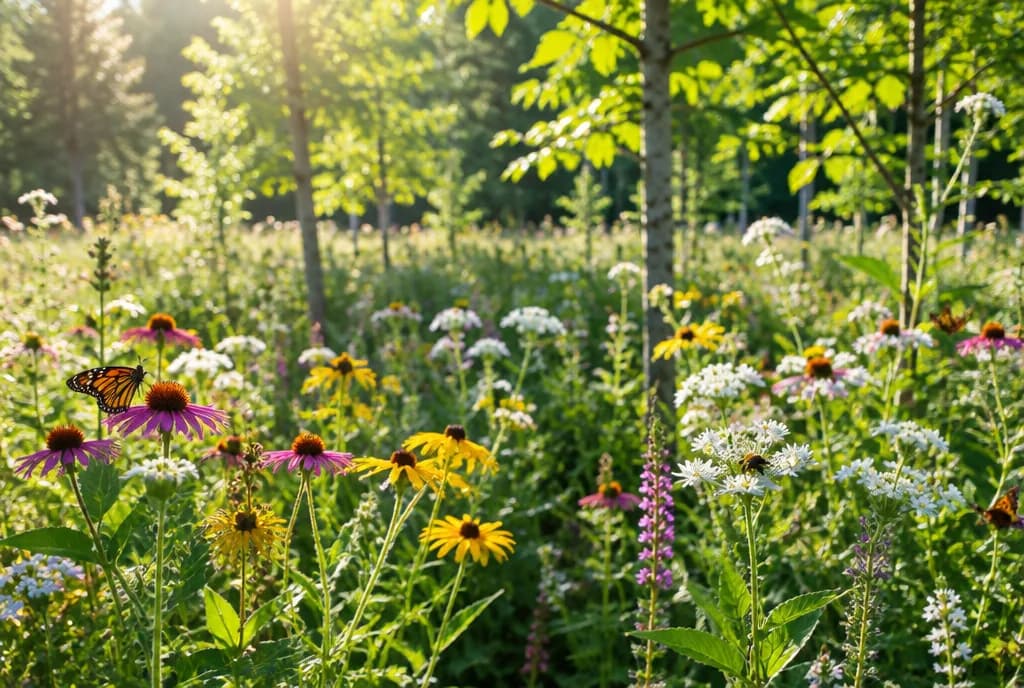 Blühende Wildblumenwiese mit Schmetterlingen am Rand einer Plantage