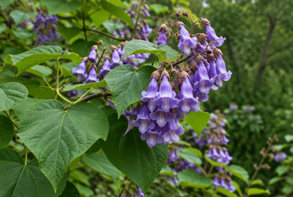Paulownia-Zweig mit großen Blättern und violetten Blüten