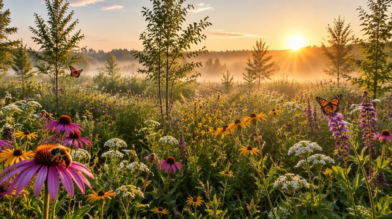 Artenreiche Blühwiese im Morgenlicht