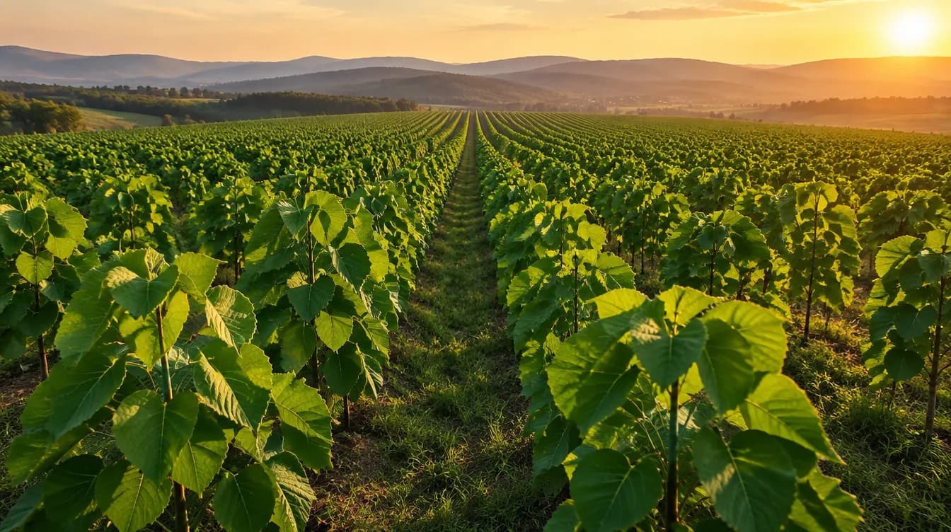 Weitläufige Paulownia-Plantage im Abendlicht