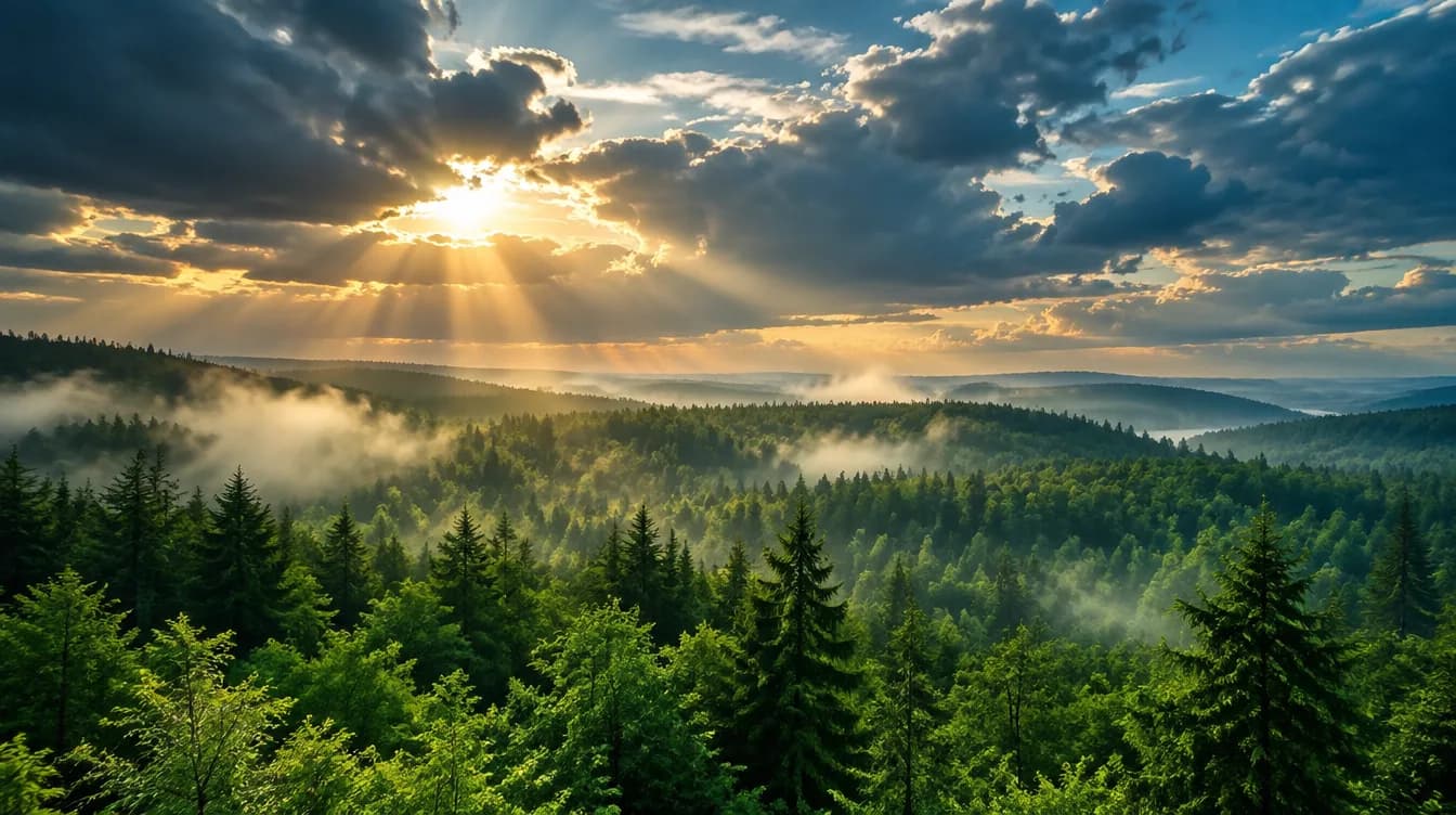 Dichter Wald unter einem dramatischen Himmel mit Sonnenstrahlen