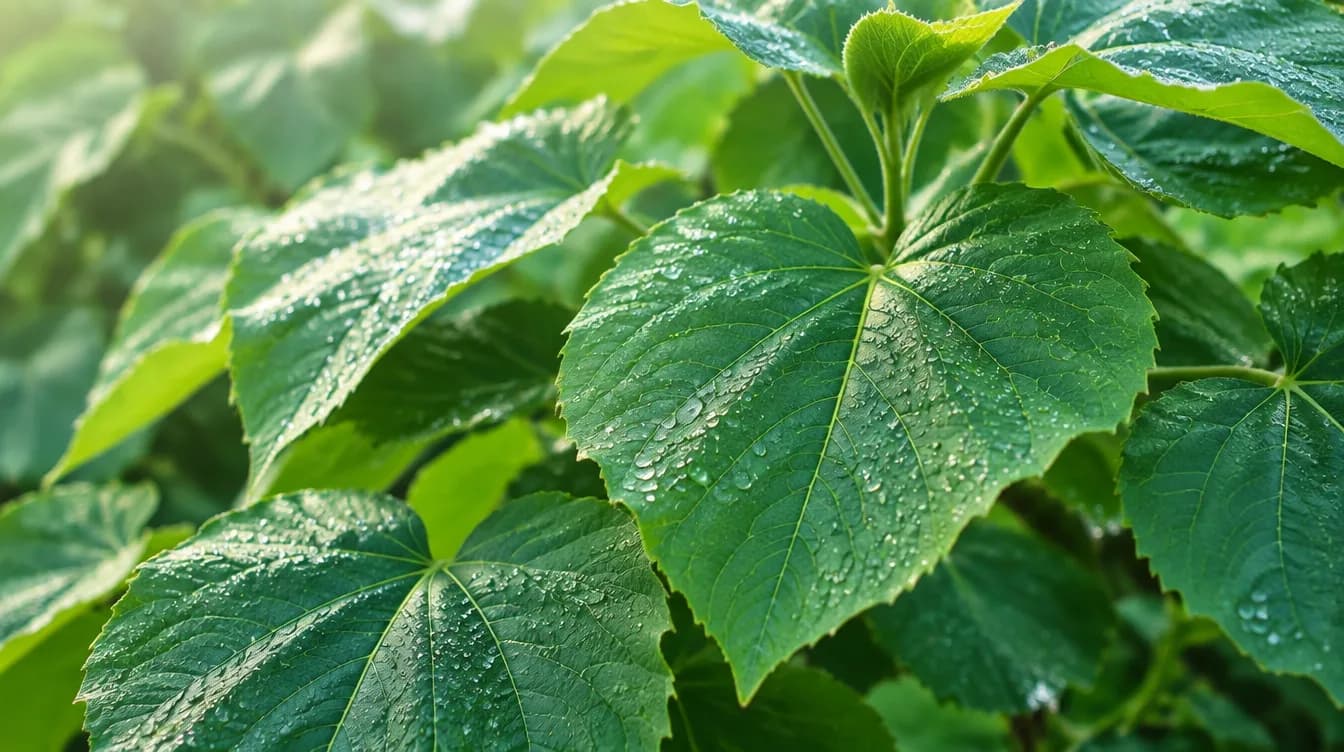 Frische grüne Paulownia-Blätter im Morgenlicht