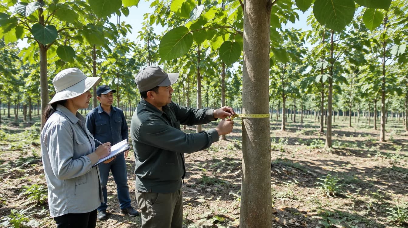 Forstfachleute bei der Kontrolle junger Paulownia-Bäume